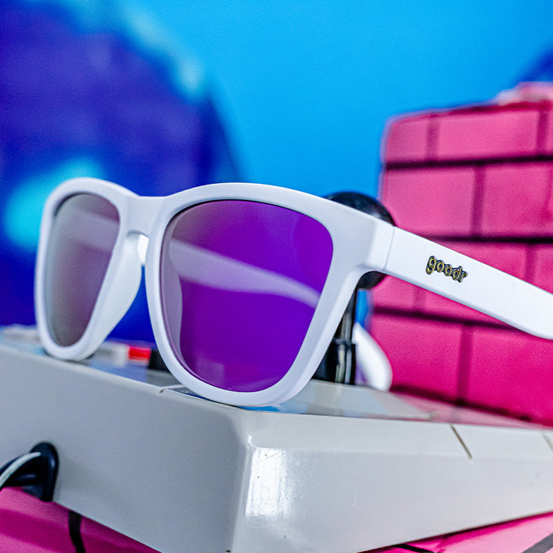 White and Purple Sunglasses - Side Scroll Eye Roll White | Goodr